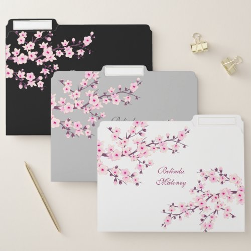 Cherry Blossoms Pink White Black Name Floral File Folder