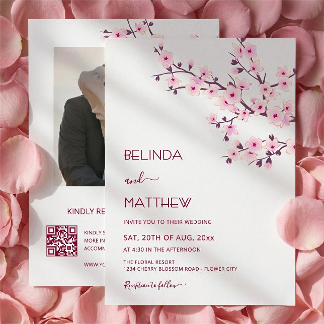 Cherry Blossoms Pink White Casual Wedding Invitation (Creator Uploaded)