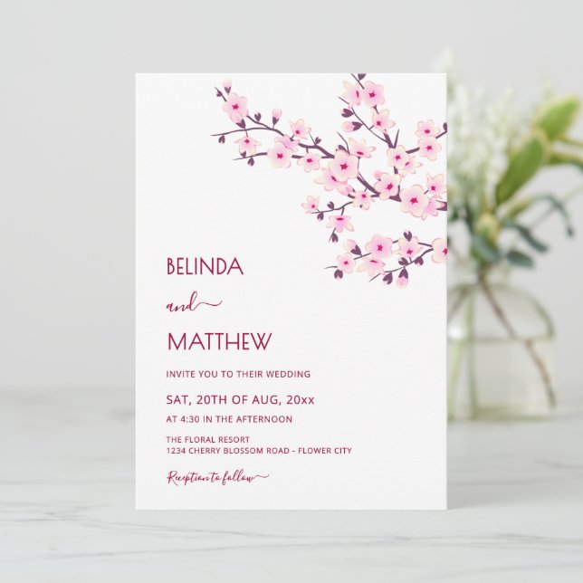 Cherry Blossoms Pink White Casual Wedding Invitation (Standing Front)
