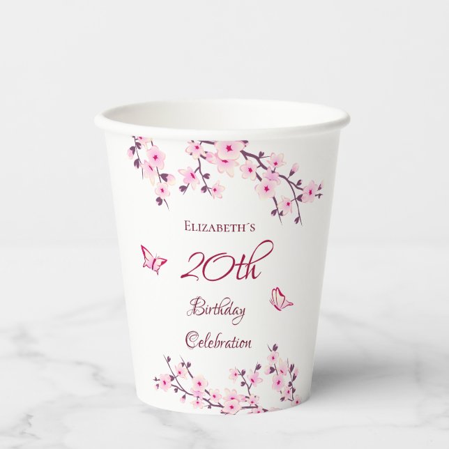 Cherry Blossoms Pink White Custom Birthday Paper Cups (Front)