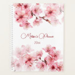 Cherry Blossoms Pink White Custom Planner<br><div class="desc">Pretty pink watercolor cherry blossoms on a white background. Customize it with your name and the year.</div>
