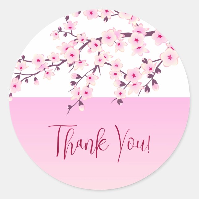 Cherry Blossoms Pink White Custom Thank You Classic Round Sticker (Front)