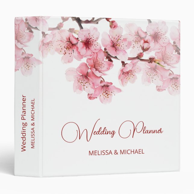 Cherry Blossoms Pink White Custom Wedding 3 Ring Binder (Front/Spine)