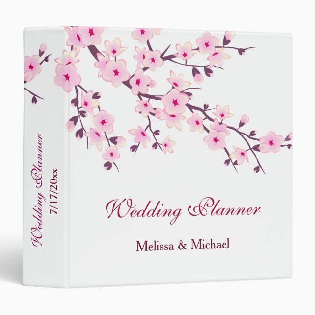 Cherry Blossoms Pink White Custom Wedding 3 Ring Binder (Front/Spine)