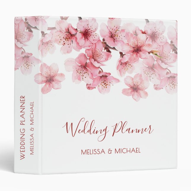 Cherry Blossoms Pink White Custom Wedding 3 Ring Binder (Front/Spine)
