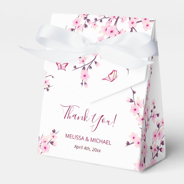 Cherry Blossoms Pink White Custom Wedding Favor Boxes (Front Side)