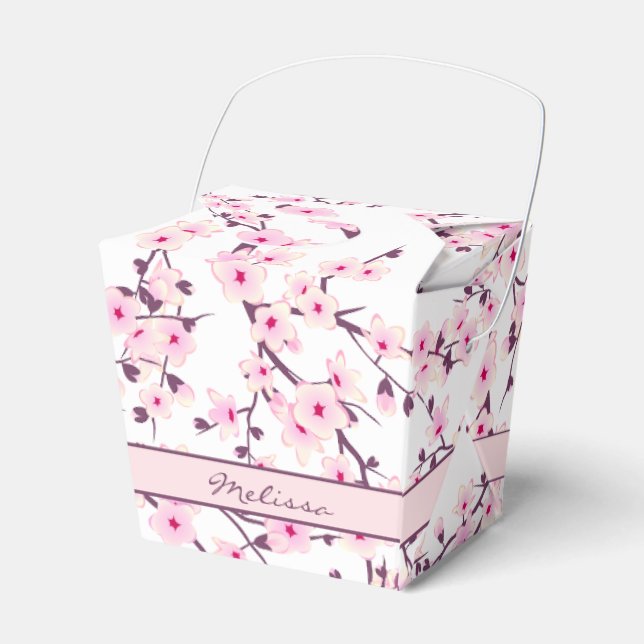 Cherry Blossoms Pink White Floral Add Name Favor Boxes (Front Side)