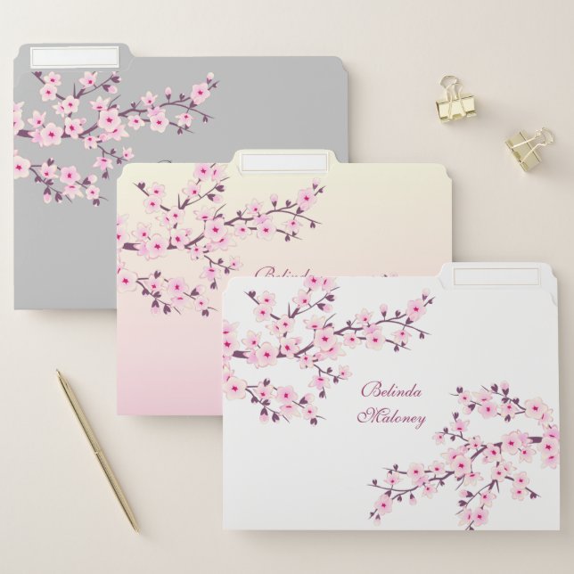 Cherry Blossoms Pink White Gray Custom File Folder (Set)