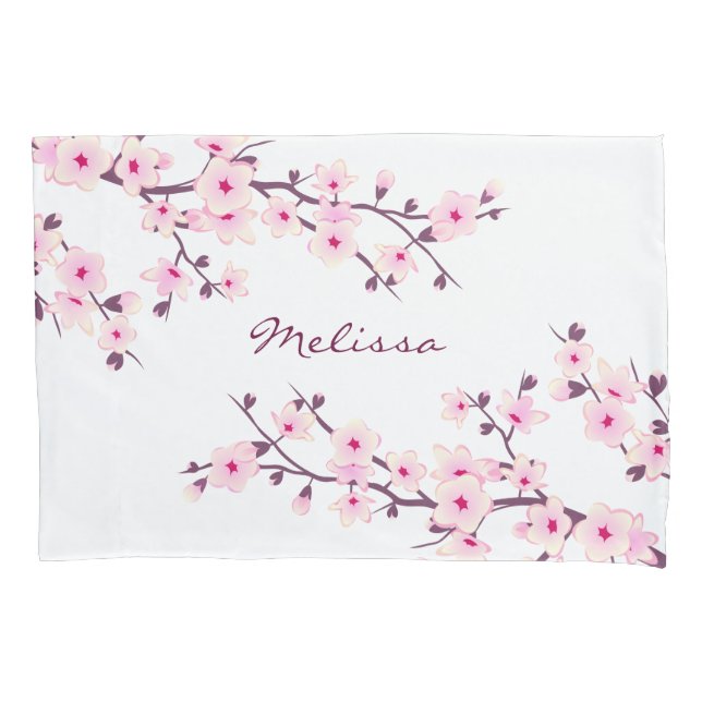 Cherry Blossoms Pink White Monogram Pillow Case (Front)