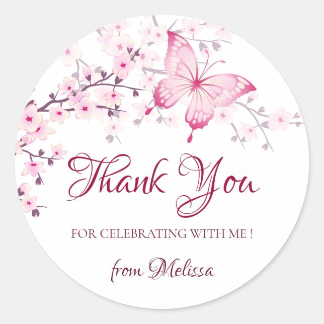 Cherry Blossoms Pink White Thank You Classic Round Sticker (Front)
