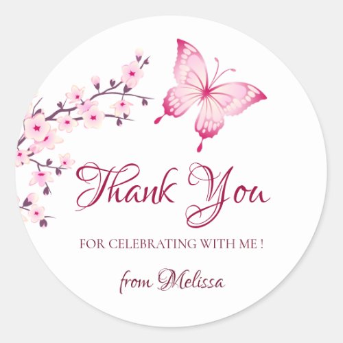 Cherry Blossoms Pink White Thank You Classic Round Sticker