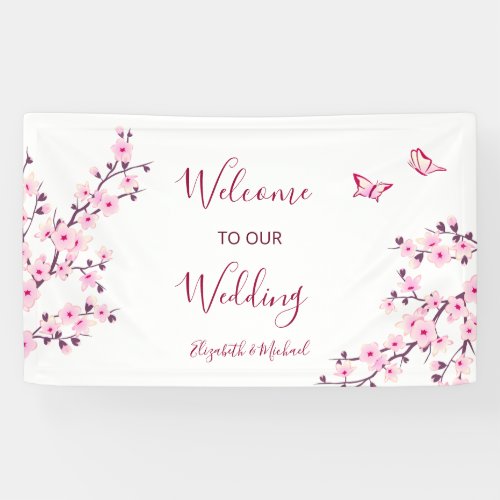 Cherry Blossoms Pink White Wedding Banner