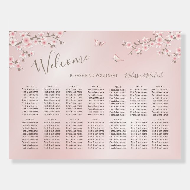 Cherry Blossoms Pink White Wedding Seating Chart Foam Board (Front)