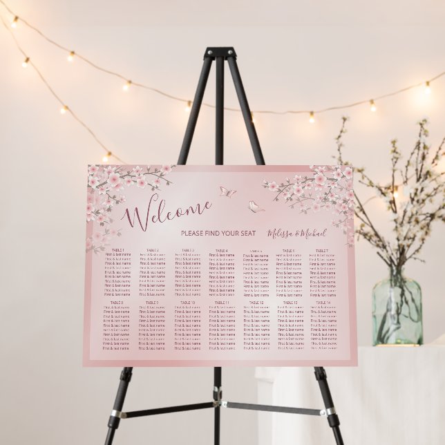 Cherry Blossoms Pink White Wedding Seating Chart Foam Board (In Situ (Stand))