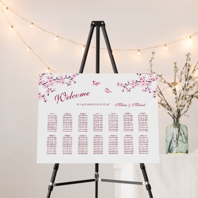 Cherry Blossoms Pink White Wedding Seating Chart Foam Board (In Situ (Stand))