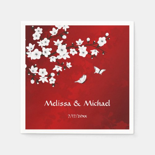 Cherry Blossoms Red Black and White Napkins