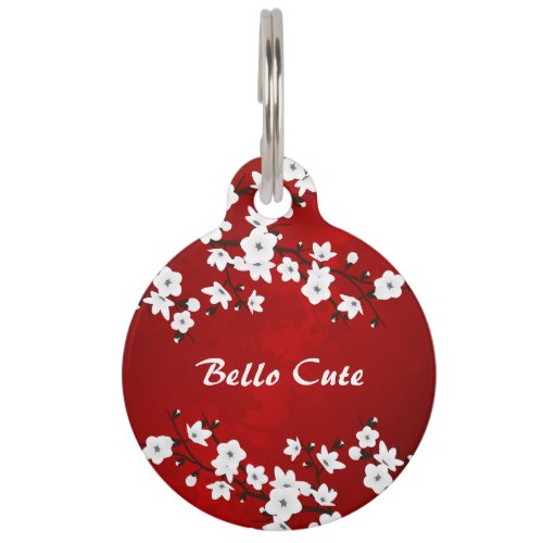 Cherry Blossoms Red Black and White Pet ID Tag