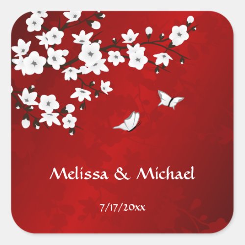 Cherry Blossoms Red Black and White  Square Sticker