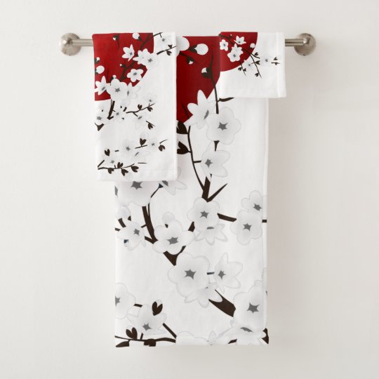 Cherry Blossoms Red Black White Bath Towel Set
