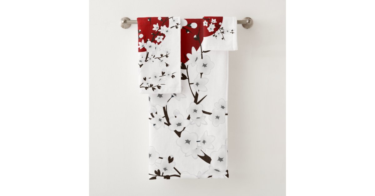 Cherry Blossoms Red Black White Bath Towel Set