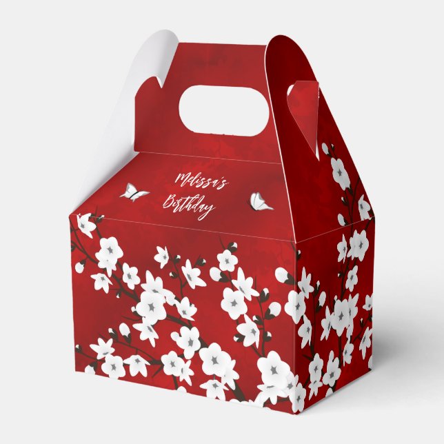 Cherry Blossoms Red Black White Custom Birthday Favor Boxes (Front Side)