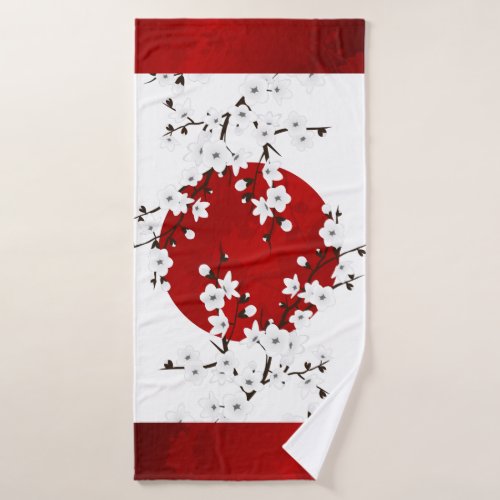 Cherry Blossoms Red Black White Floral Bath Towel