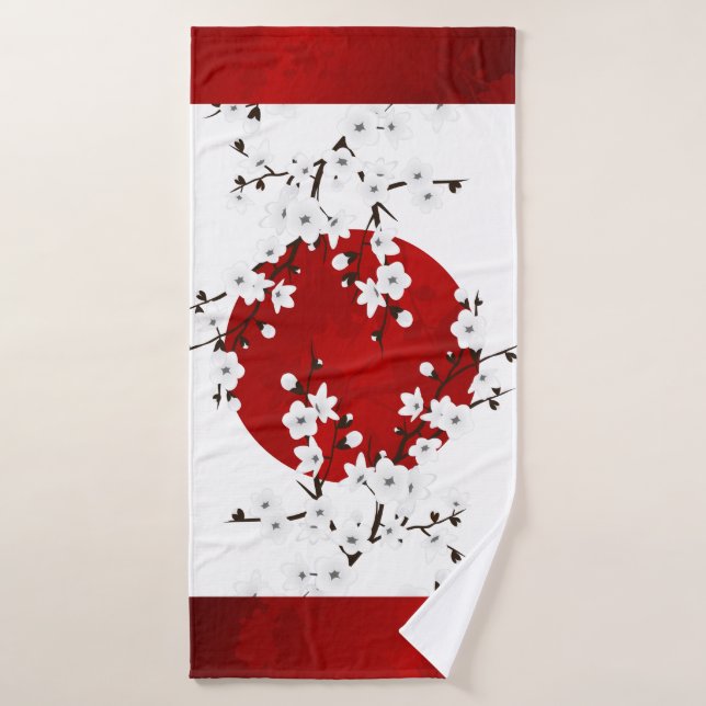 Cherry Blossoms Red Black White Floral Bath Towel (Bath Towel)