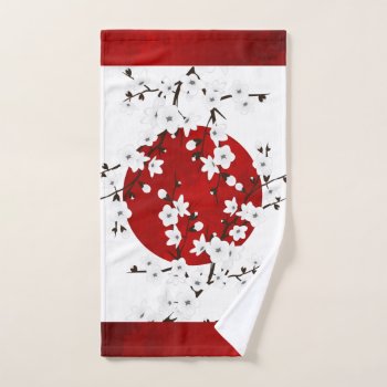 Cherry Blossoms Red Black White Hand Towel by NinaBaydur at Zazzle