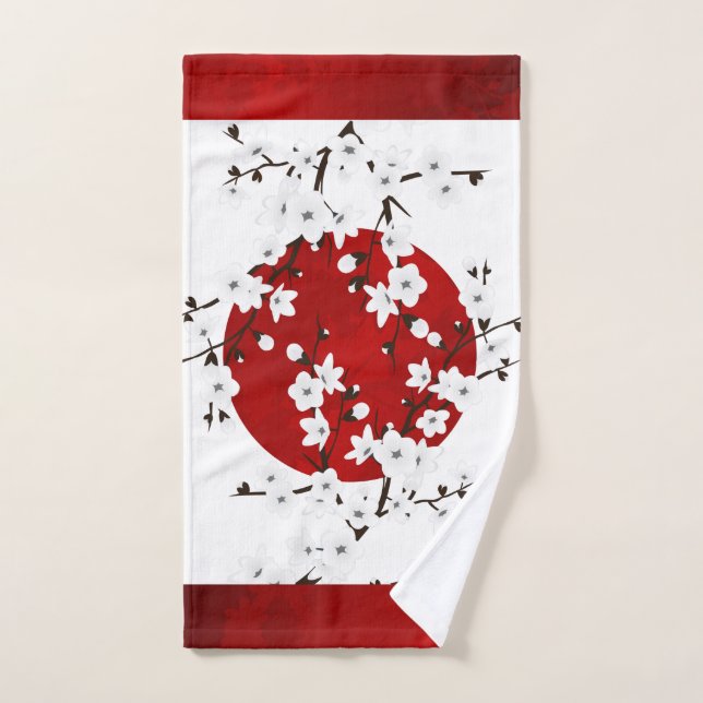 Cherry Blossoms Red Black White Hand Towel (Hand Towel)