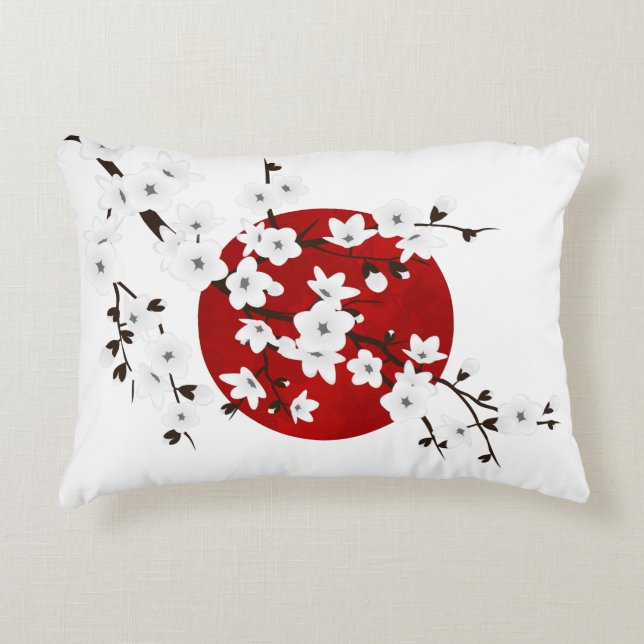 Cherry Blossoms  Red Black White Rising Sun Accent Pillow (Front)