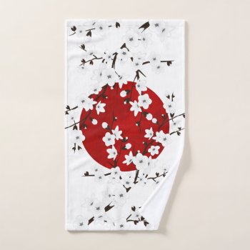 Cherry Blossoms Red Black White Rising Sun Hand Towel by NinaBaydur at Zazzle