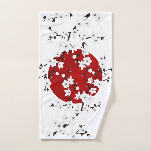 Cherry Blossoms Red Black White Rising Sun Hand Towel (Hand Towel)