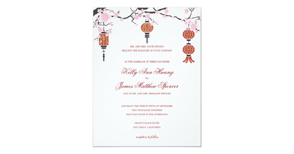 Cherry Blossoms Red Lanterns Wedding Cards Zazzle Com