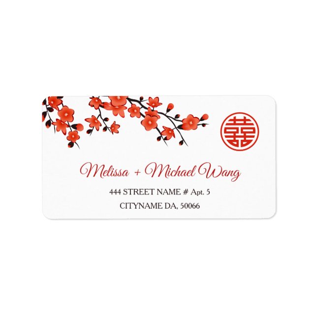 Cherry Blossoms Red White |  Chinese Wedding Label (Front)