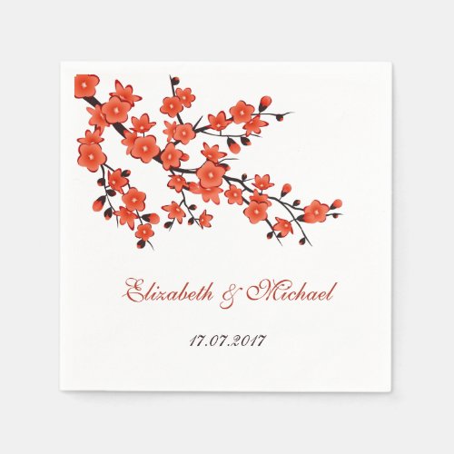 Cherry Blossoms Red White Wedding Napkins