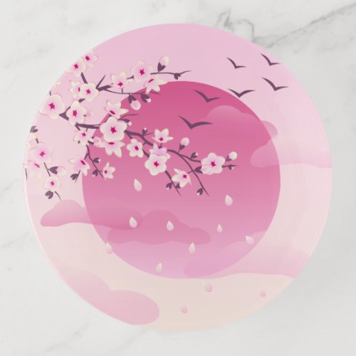 Cherry Blossoms Rising Sun Pink Trinket Tray