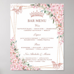 Cherry Blossoms Rose Gold Butterflies Bar Menu Poster
