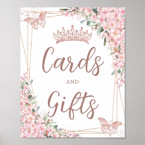 Cherry Blossoms Rose Gold Butterflies Cards Gifts Poster