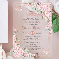 Cherry Blossoms Rose Gold Butterflies Quinceañera Acrylic Invitations