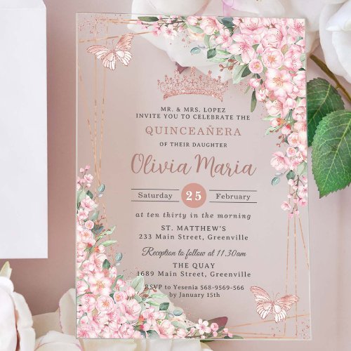 Cherry Blossoms Rose Gold Butterflies Quinceañera