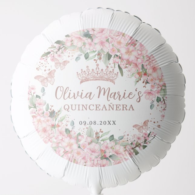 Cherry Blossoms Rose Gold Butterflies Quinceañera Balloon (Front)