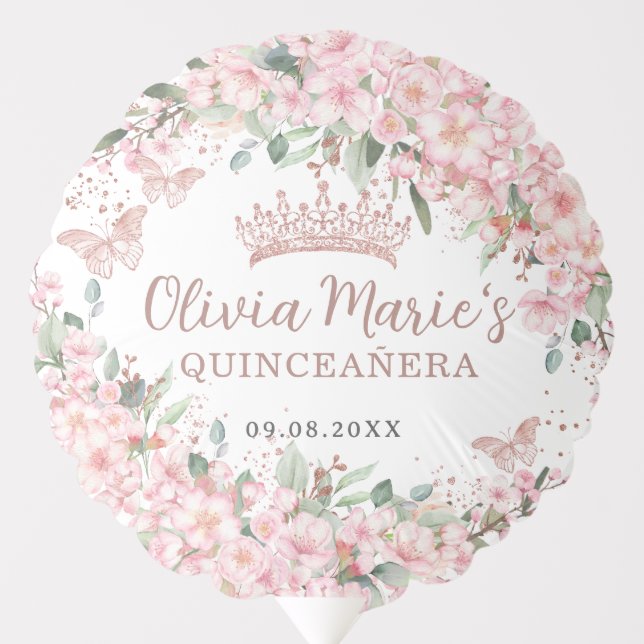Cherry Blossoms Rose Gold Butterflies Quinceañera Balloon (Front)