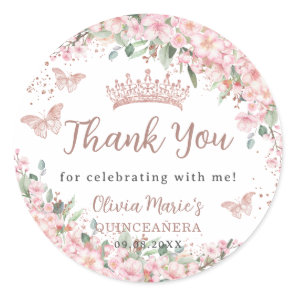 Cherry Blossoms Rose Gold Butterflies Quinceañera Classic Round Sticker
