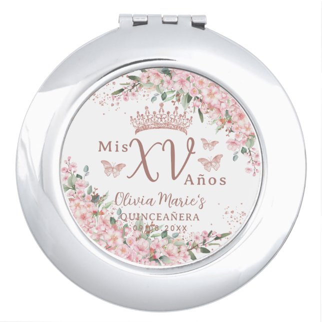 Cherry Blossoms Rose Gold Butterflies Quinceanera Compact Mirror (Front)
