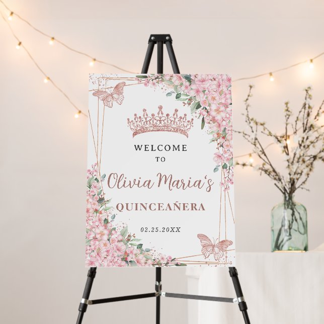 Cherry Blossoms Rose Gold Butterflies Quinceañera  Foam Board (In Situ (Stand))