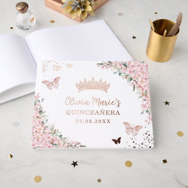 Cherry Blossoms Rose Gold Butterflies Quinceanera  Foil Guest Book (Front Open)