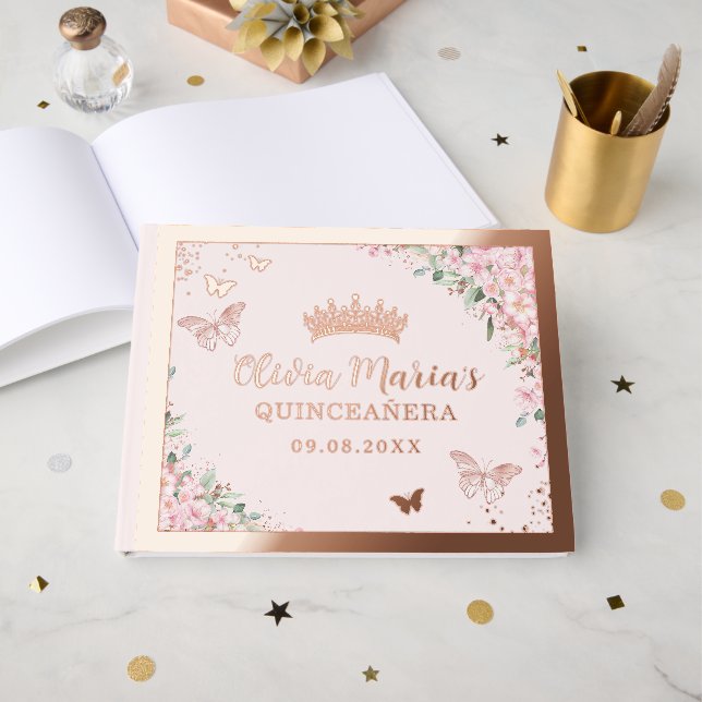 Cherry Blossoms Rose Gold Butterflies Quinceañera Foil Guest Book (Front Open)