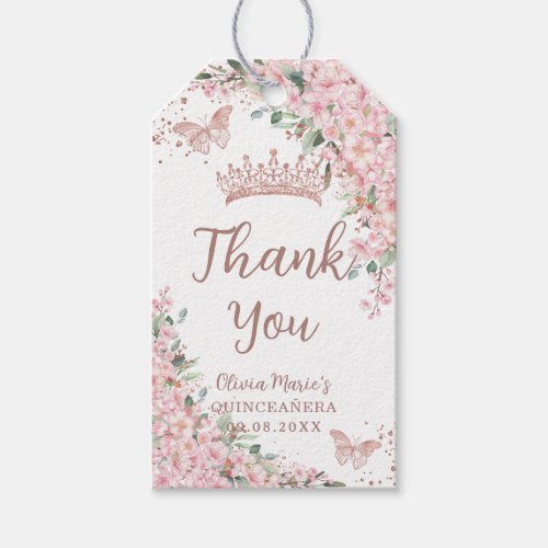 Cherry Blossoms Rose Gold Butterflies Quinceaera  Gift Tags