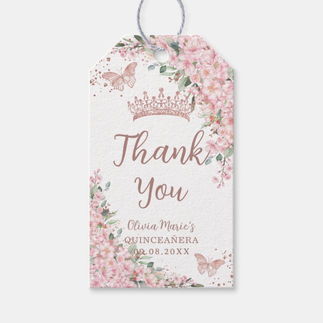 Cherry Blossoms Rose Gold Butterflies Quinceañera  Gift Tags (Front)