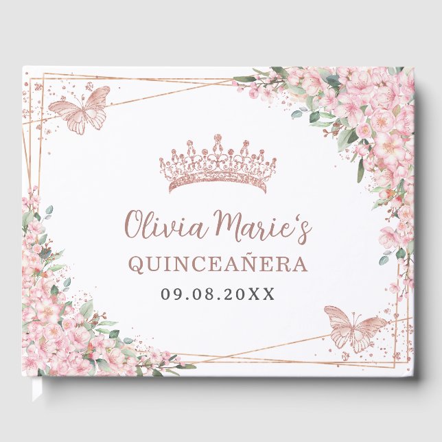 Cherry Blossoms Rose Gold Butterflies Quinceanera  Guest Book (Front)
